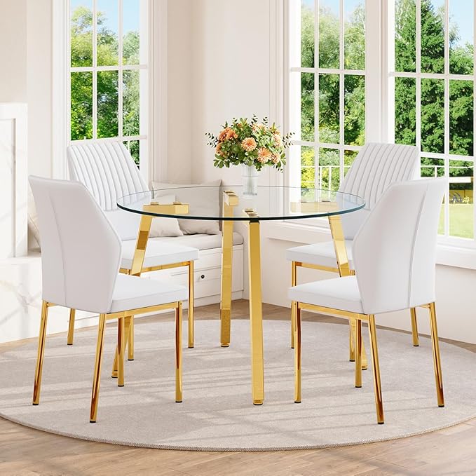 42" Round Glass Dining Table Set for 4,Modern Breakfast Table Set for 4 with Luxury Gold Chrome Legs,Space Saving Kitchen Table and White Chairs for Apartment,Easy Assembly