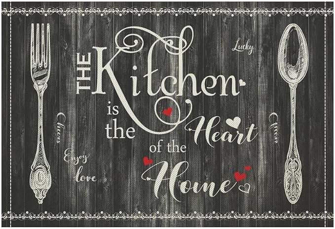 Vintage Farmhouse Placemat Set, Minimal Black White Rural Plank Art Sketch Cutlery Knife Fork Inspirational Quotes Pattern Home Decor Linen Table Mats for Dining Room Kitchen Party (17x12in) x2P