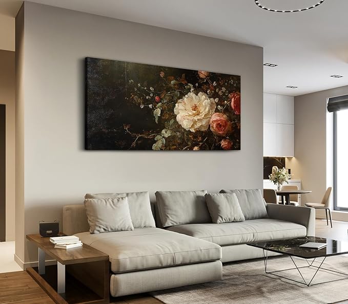 ADJUVANT Wall Art Vintage Peony And Rose Bouquet 40"L x 20"W, White Peony With Pink Roses Canvas Painting Elegant Floral Artwork Prints Botanic Wall Decor for Living Room Bedroom Dining Room Home Office
