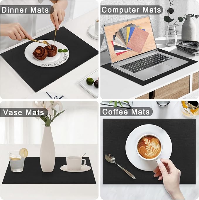 Homaxy Faux Leather Heat Resistant Placemats for Dining Table Set of 4, Waterproof Wipeable Washable PU Table Mats, Easy to Clean Anti-Slip Place Mats, 11.8" x 17", Black