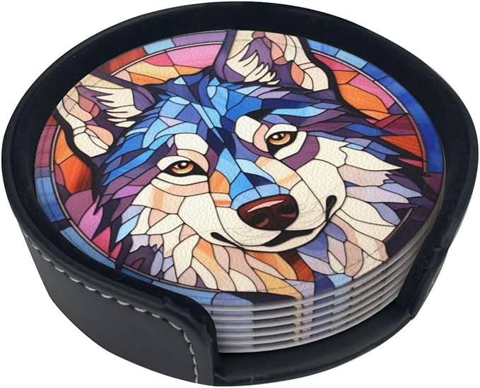 Drink Coaster Set of 6, Siberian Husky Dog Mom Lover Gift,Leather Drink Coasters with Holder,6 Pack Cup/Bar/Drink Coasters for Table/Drinks/Coffee Protection Housewarming Gift