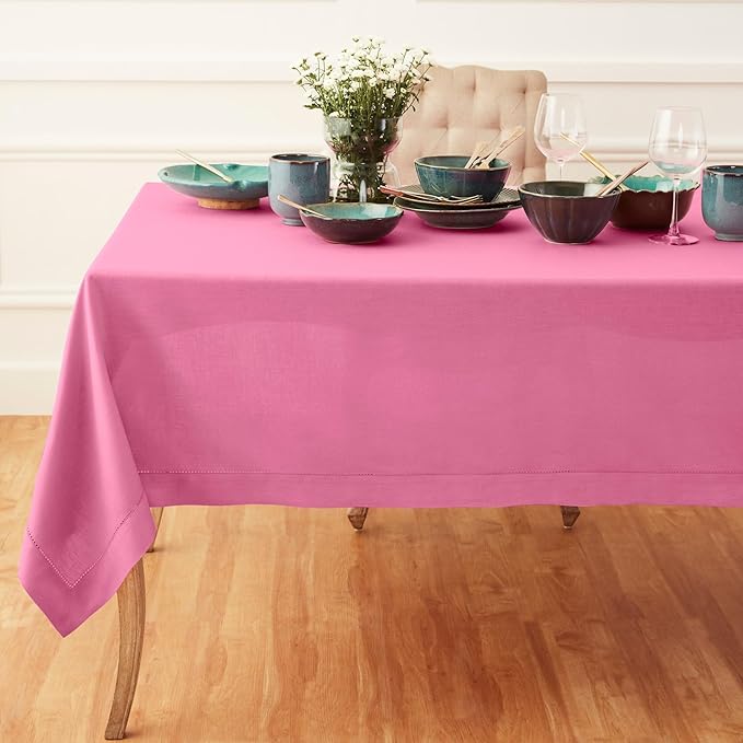 Solino Home Linen Flamingo Pink Tablecloth 60 x 144 Inch - Classic Hemstitch, 100% Pure Linen Rectangular Tablecloth - Machine Washable Table Cloth for Valentines, Spring, Easter