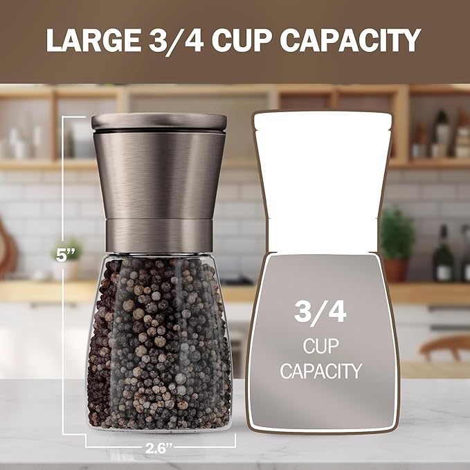Home EC Original Gun Metal Bronze Salt and Pepper Grinder Set of 2 - Adjustable Ceramic Grinder - Glass Salt and Pepper Shakers With Funnel and Ebook - Spice Mill - Bronze Kitchen Accessories