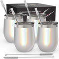 CHILLOUT LIFE 12 oz Stainless Steel Wine Tumblers 4 Pack - Double Wall Vacuum Insulated Wine Glasses Cups with Lids and Straws Set Keeping Cold & Hot for Coffee, Beer, Ice Cream - Holographic Glitter
