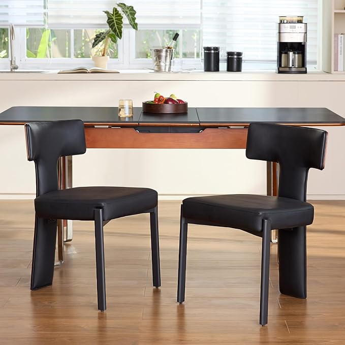 Black Dining Chairs Set of 2,Faux Leather Dining Chairs with Soft Cushion,Comfortable Upholstered Armless Dining Room Chairs with Curved Plywood Back