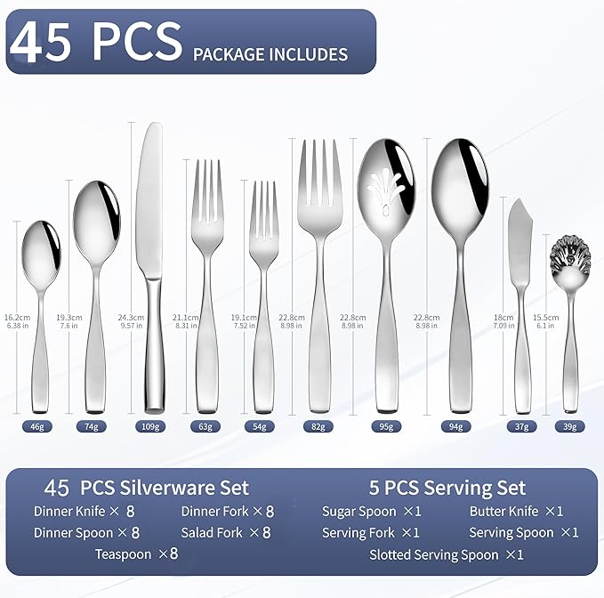 45-Piece Stainless Steel Silverware Set for 8, 18/10 Flatware With Serving Utensil, Heavy Duty Silverware Set, Mirror Polish High End, Dishwasher Safe, Ideal for Gift