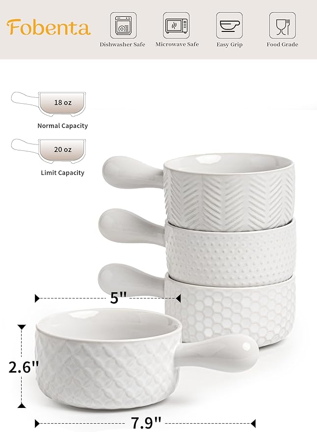 20oz Ceramic Soup Bowls with Handle, Set of 4,Textured Embossed Stoneware for Chili, Stew, Cereal,Microwave & Dishwasher Safe, Rustic Dinner Bowls for Home Kitchen