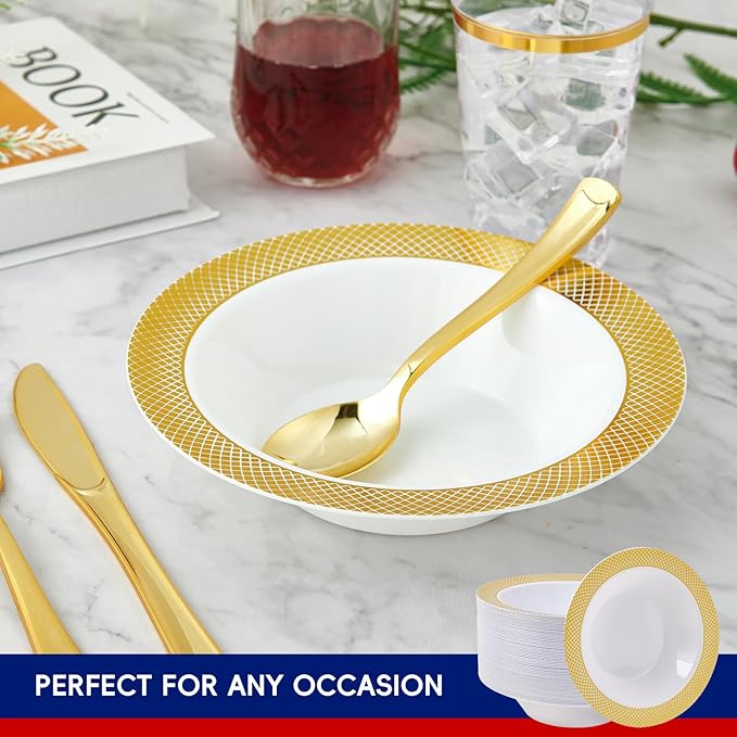 JOLLY CHEF 50 Pack Plastic Bowls with Gold Rim, 12 oz Disposable Soup Bowls, Heavy Duty Plastic Dinner Bowl for Weddings, Party, Dinners, Catering, Christmas and Everyday Use
