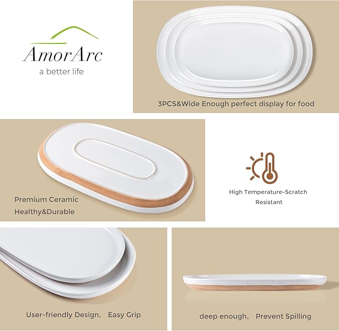 AmorArc Large Ceramic Serving Platter, 15.5"/14"/12.2" Oval Platters Microwave Safe, Serving Trays for Wedding, Stoneware Serving Dish for Entertaining&Party, Set of 3