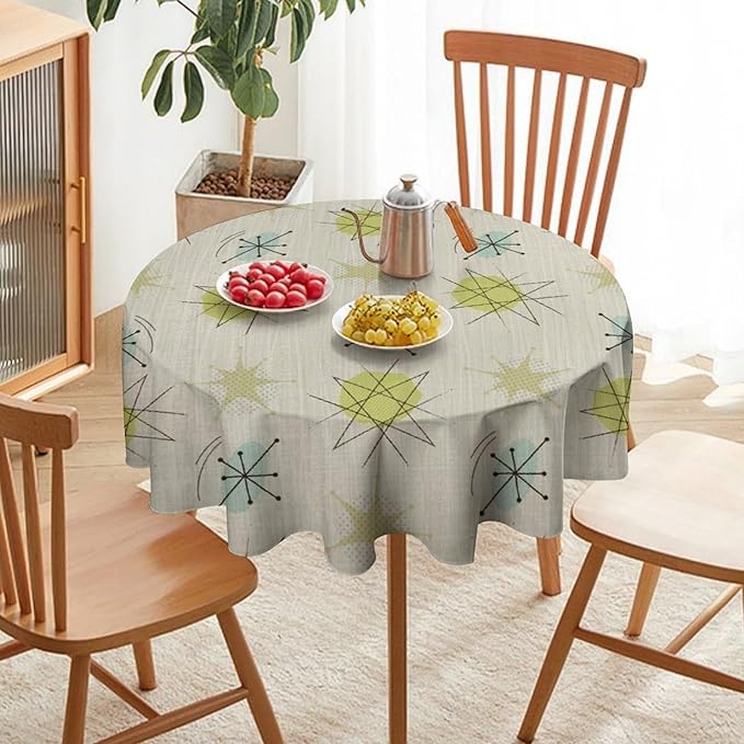 Mid Century Retro Round Tablecloth, Modern 1950s Style Abstract Geometric Vintage Print Tablecloth for Home Party Dining Room Kitchen Decor 50Inch(127cm)