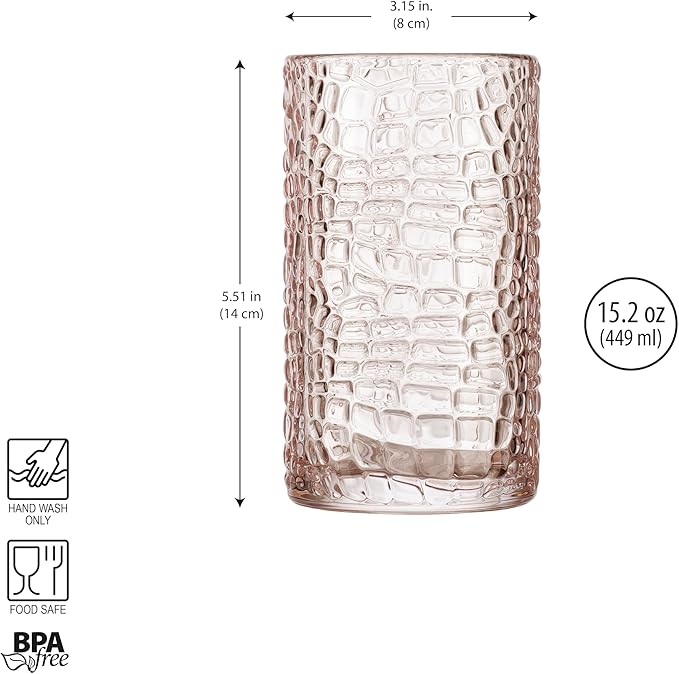 Glaver's Highball Glasses Set of 4 Pink Drinking Glasses, 15 Ounce Crackle Textured Newly Designed Patent Design Glassware Elegant Heavy Duty Drinkware Set, Home Bar Kitchen Water Juice Cocktails