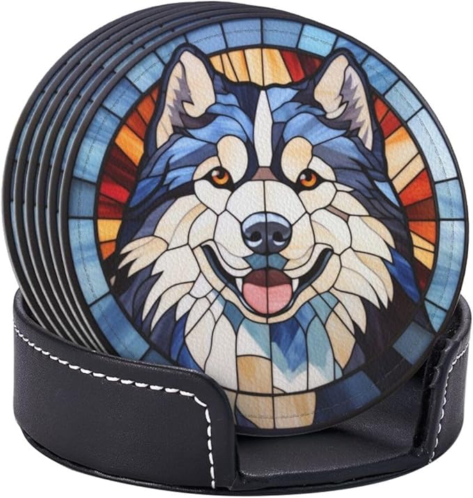Drink Coaster Set of 6, Alaskan Malamute Dog Mom Lover Gift,Leather Drink Coasters with Holder,6 Pack Cup/Bar/Drink Coasters for Table/Drinks/Coffee Protection Housewarming Gift