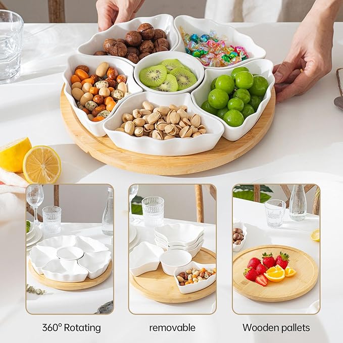 7-Piece Divided Serving Tray Set for Party, 12-Inch Rotating Serving Tray for Dining Table with Removable Dividers, Lazy Susan Platter for Charcuterie, Appetizers & Snacks