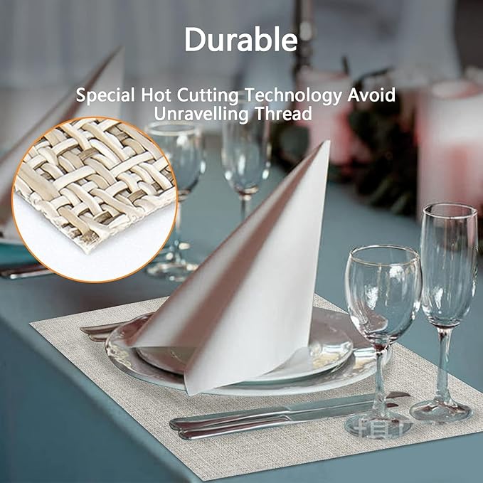 DACHUI Placemats Set of 4, Linen Look Woven Place Mats, Water Resistant, Heat Resistant, Washable, Durable Table Mats (Beige White)