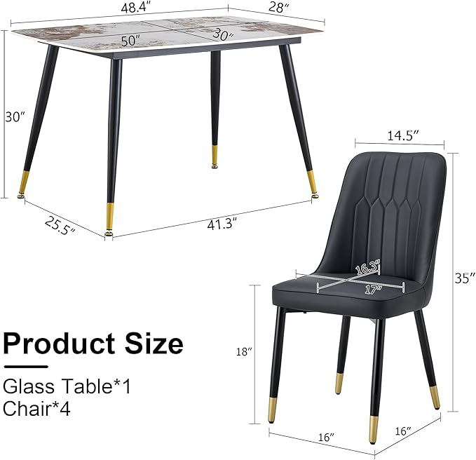 5 Piece Dining Table Set, 4 Chair Dining Table Set, Sintered Stone Kitchen Table Top and Modern Chairs Set of 4 for Kitchen Dining Room, Small Space