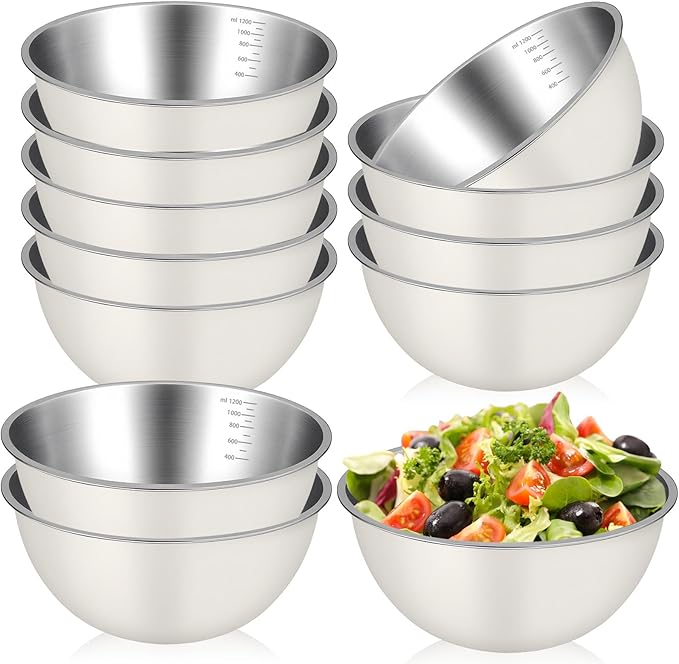 12 Pcs 1.3qt Stainless Steel Mixing Bowls Nesting Metal Prep Salad Bowls with Scale Reusable Baking Cooking Food Soup Storage Organizers for Kitchen Refrigerator