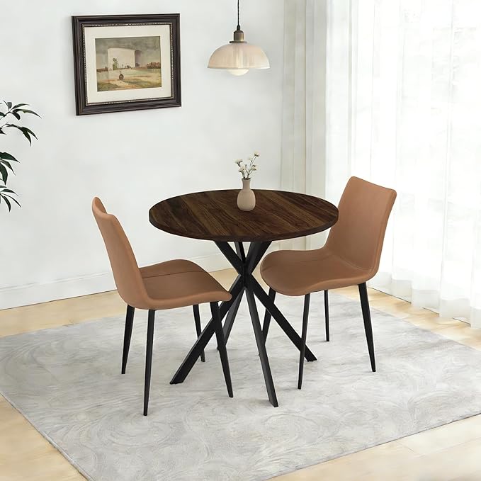 31.5" Round Dining Table and Chairs Set for 2, Small Dining Table Chairs Set Space-Saving, Small Dinette Sets for 2 for Kitchen Dining Room Apartment(Walnut Table + Brown Chairs)