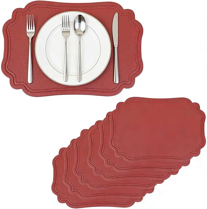 Red Faux Leather Placemats Set of 6,Waterproof PU Placemat for Dining Table,Wipeable Eco-Friendly Kitchen Table Mats Heat Resistant Anti Slip Washable,Modern Table Protectors