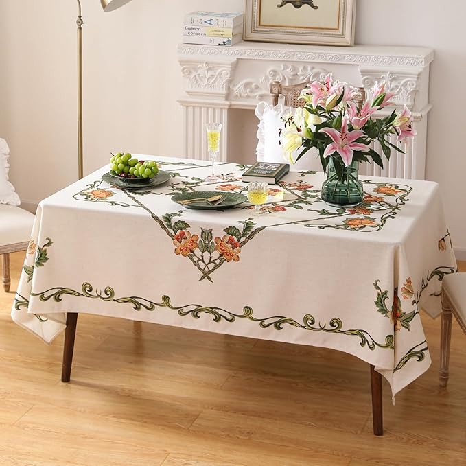 patdrea Designer Vintage Linen Floral Rectangle Tablecloth,French Tablecloths,Wrinkle Free Table Cloth,Decorative Table Cover Cloth for Kitchen,Dining,Tea Party,Home,Christmas,55"*71"