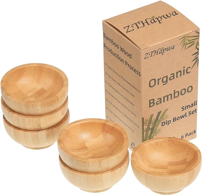 Dipping Bowls Set, Small Bamboo Pinch Bowls for Soy Sauce/Condiment/Snacks, Mini Serving Bowls for Charcuterie Board for BBQ/Entertaining, 1.4 oz Bamboo Wooden Ramekins