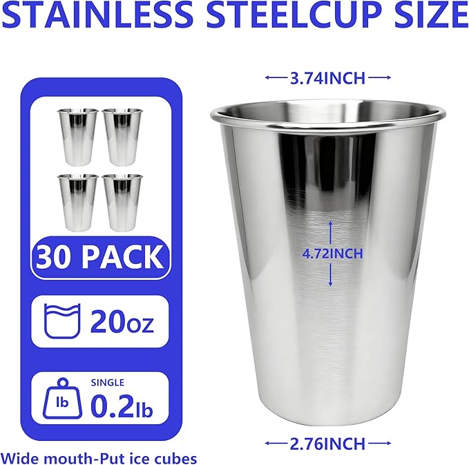 20PCS 20-OZ Tainless Steel Cups,Metal Cups, Stainless Steel Pint CupsStackable Unbreakable Drinking Glasses for Party, BBQ Camping, (30)