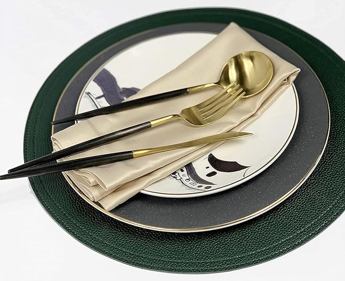 Set of 6 Faux Leather Round Placemats and Coasters, Disko Table Mats and Drink Spills Coasters, Easy to Clean, Double Stitched for Kitchen Dining Table, Diameter 13'' and 3.9''