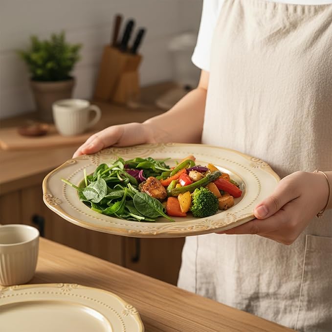 Ceramic Flat Plates Set of 4, 10.5 inch Reactive Glaze Stoneware Dish Set for Dessert, Salad, Appetizer, Dinner, Dishwasher & Oven Safe, Scratch Resistant-Faint Yellow