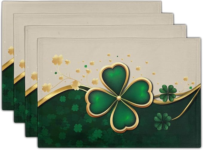 Green Shamrock Placemats - St Patricks Day Place Mats Set of 4 Clover Table Mats 12x18 for Party Dining Table