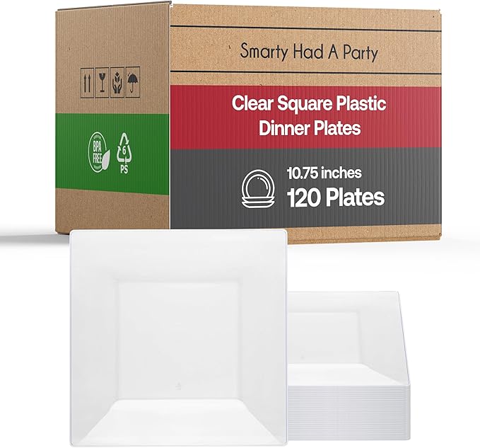 Kaya Collection - Clear Square 10.75" Dinner Plates - Fancy Disposable - Deluxe Quality - Hard Plastic - For Party’s And Weddings (120 Count)