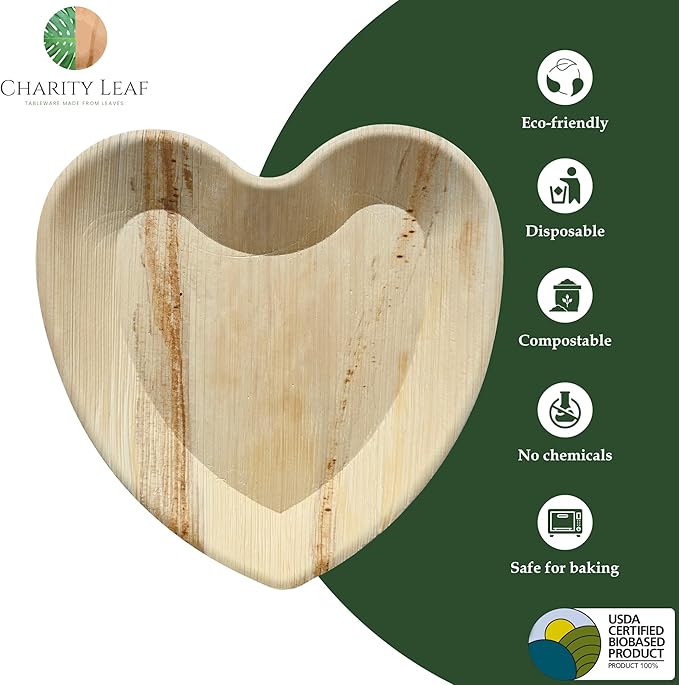 Charity Leaf Disposable Palm Leaf 12" Heart Plates (100 pieces) Bamboo Like Serving Platters, Disposable Boards, Eco-Friendly Dinnerware For Valentines, Weddings, Catering, Events