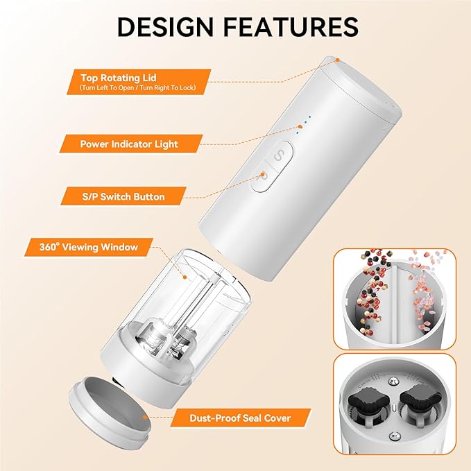 2 in 1 Electric Salt and Pepper Grinder Set, USB Rechargeable, Automatic Salt and Pepper Mill Shakers with Battery Display, LED Light, Adjustable Coarseness(White)
