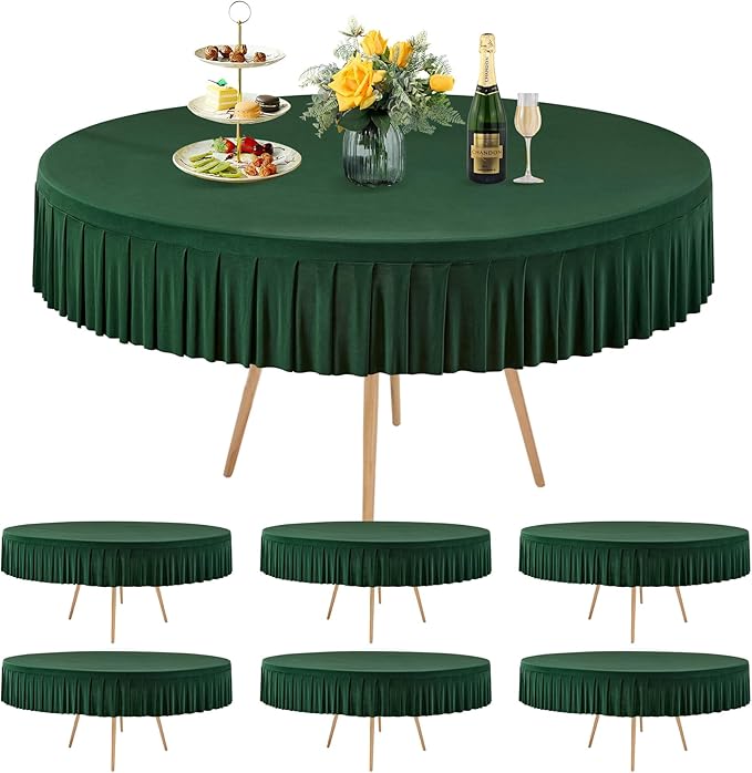 6 Pack Hunter Green Spandex Round Tablecloths for 60 inch Table, Stretchy Fitted 5FT Round Table Cloth with Skirt for Wedding Party Dining Banquet