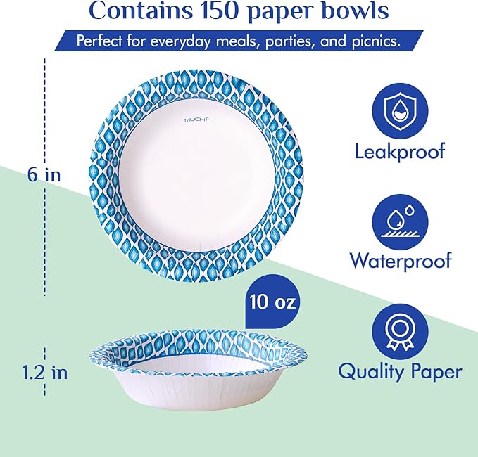 MUCHII 10 Oz Paper Bowls 150 Count Small Bowls, Blue Printed Soak Proof Disposable Bowls for Snacks, Dessert, And Light Lunch Meals