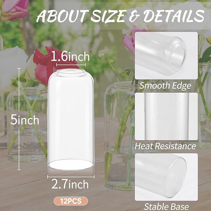 12pcs Glass Bud Vases - 5 Inch Tall Clear Flower Vases for Centerpieces, Glass Vase Modern Bud Vase for Wedding Party Dining Table Centerpieces, Living Room Decorative, Home Decor