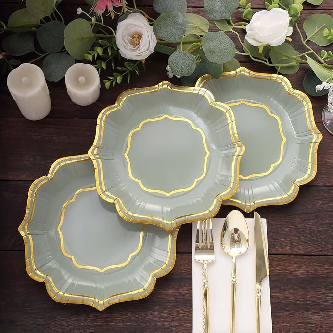 50 Pack 8" Sage Green/Gold Scallop Rim Dessert Plates, Disposable Round Paper Appetizer Salad Plates 300 GSM for Party Decoration