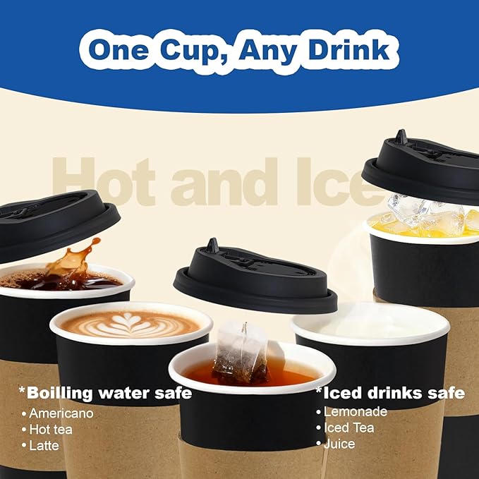 16 oz 500 Pack Coffee Cups with Lids and Sleeves, Straws, Hot Disposable To Go Travel Paper Cups Bulk for Office, Home Coffee Bar Accessories, Chocolate, Cocoa, Beverage (Black)