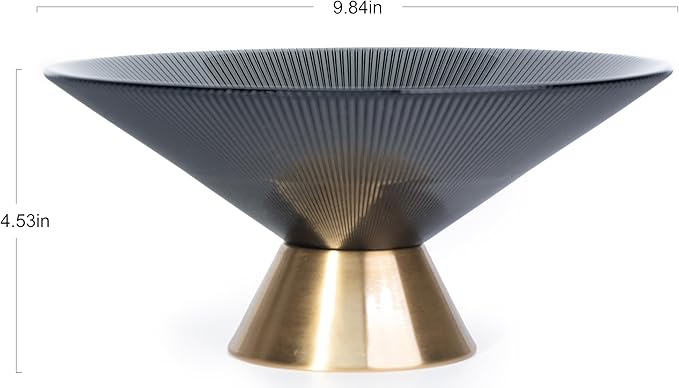 Tapered Glass Decorative Bowl (Gray), 9.8 Inches Handblown Striped Design Fruit Bowl with Rust-Resistant Metal Base for Home Decor, Table Centerpiece, Kitchen Island and Dining Decor