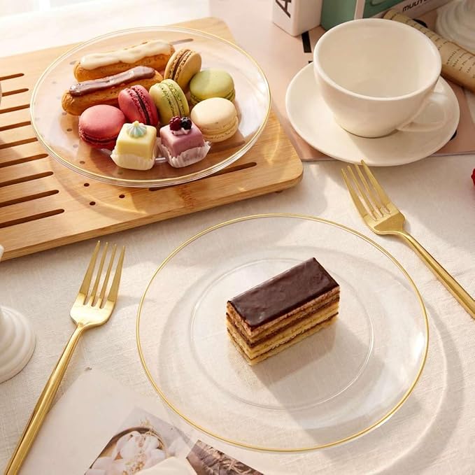 Rubtlamp 200Pcs Clear Gold Dessert Plates With Plastic Gold Forks, 100pcs 7.5inch Plates For Appetizers,100pcs 7.8inch Premium Forks Disposable, Cake Platos Disposable for Wedding