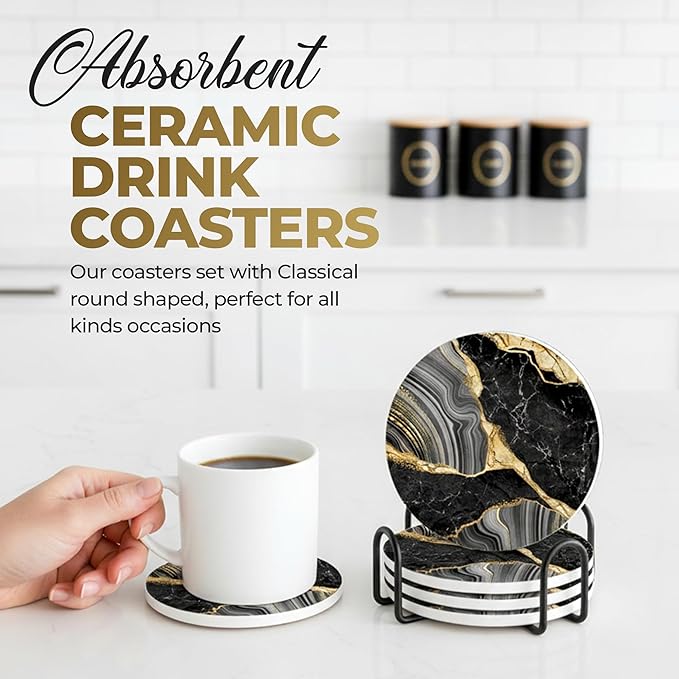 Luxury Black & Gold Marble Ceramic Coasters - Set of 6 with Gold Metal Holder - Premium Round Drink Coasters for Coffee, Tea, Whiskey, Wine - Stylish Home & Kitchen Decor