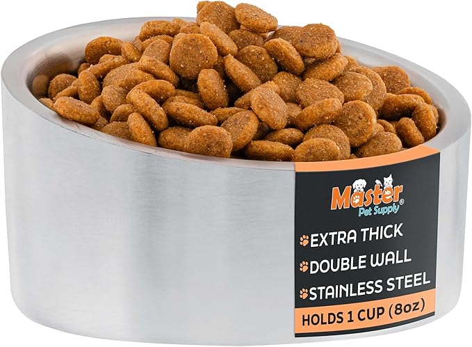 Master Pet Supply Stainless Steel Slanted Dog Cat Food Bowl - 8 oz Heavy Duty - Stainless Steel, Double Wall Insulated, Non-Slip Elevated Bowl for French Bulldogs Pugs Cats, Anti Rust Dishwasher Safe