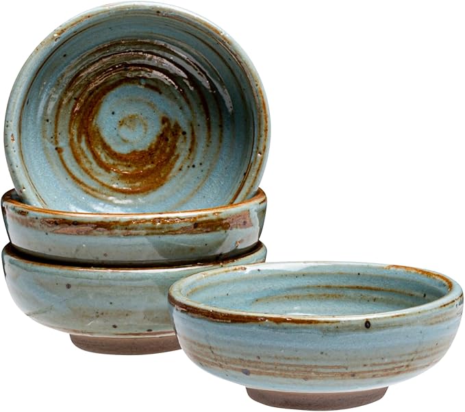 Vikko Modern Stoneware Dip Dishes, Set of 4 Mini Bowls, 3"" Dish for Dips, Charcuterie Boards, Condiments, Microwave and Dishwasher Safe, Earthtones, Light Blue/Brown Rim