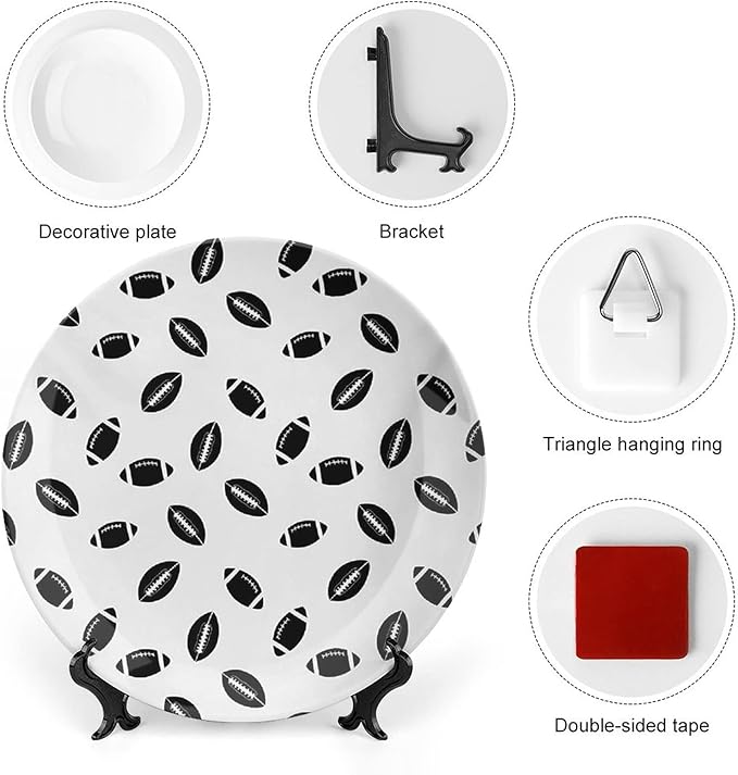 Ceramic Plates, American Football Decorative Ceramic Plates, Monochrome Pattern Black Rugby Balls Sports, 10 Inch, Household Plates Decorative, Black White