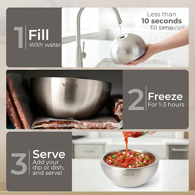 Vora 18oz Dip Chiller Bowl | 2 Pack Stainless Steel Chilled Dip Bowl for Dips, Guacamole, Hummus, Salsa | Insulated Serving Dishes with Easiest Water Fill & Refillable Chamber