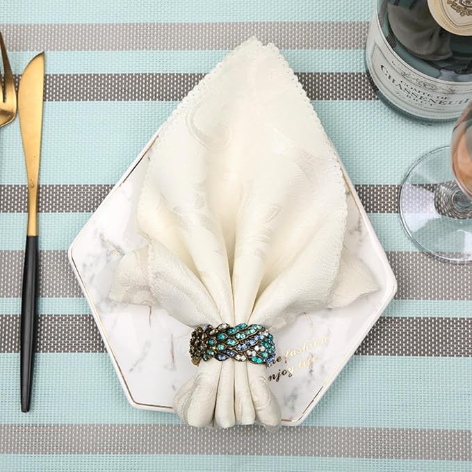 Jeweled Napkin Rings Set of 6 - Vintage Metal Crystal Rustic Peacock Napkin Ring Holders for Wedding Party Holiday, a Beautiful Dinner Table Décor (Multicolor)
