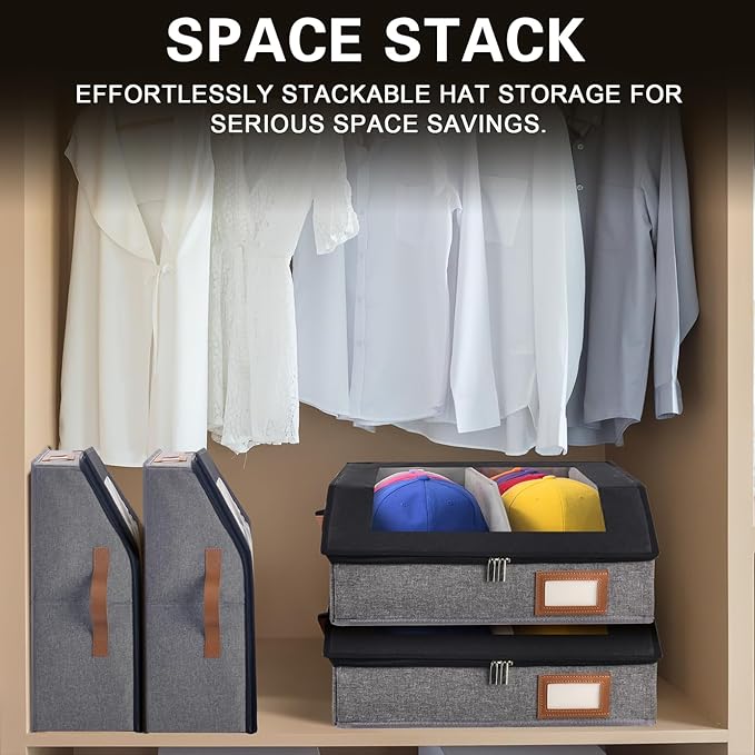 2-in-1 Hat Organizer for Baseball Caps Holds 48-60 Caps Hat Storage with Adjustable Divider Stackable Hats Holder for Closet with Clear lid Cowboy Hat Box for Men Women 2 PCS Black and Grey