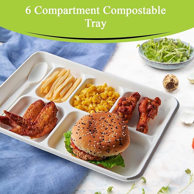 three leaf 6 COMPARTMENT BAGASSE TRAY 50 Ct. Heavy-Duty- Super Strong- Natural- Eco-Friendly Disposable Bagasse Plates, 100% Biodegradable 6 Compartment meal Plates