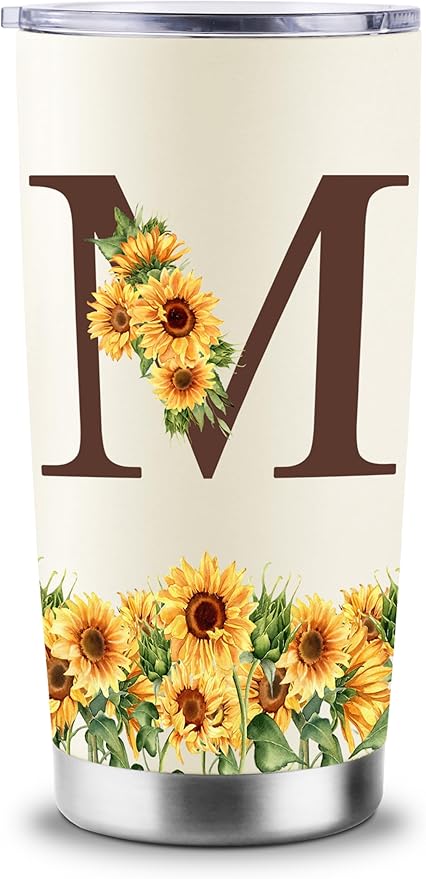 Sunflower Gifts for Women - Personalized Christmas Gifts for Women - Birthday Gift for Woman - Mothers Day Gift for Mom - Monogrammed, Initial 20oz Travel Cup Insulated Tumbler with Lid, M