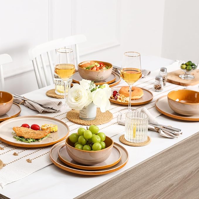 vicrays Ceramic Dinner Plates Set - Porcelain 10 Inch Flat Steak Pasta Pizza Plate Home Party Restaurant Plate Scratch Resistant Microwave Oven and Dishwasher Safe Set of 6 Beige