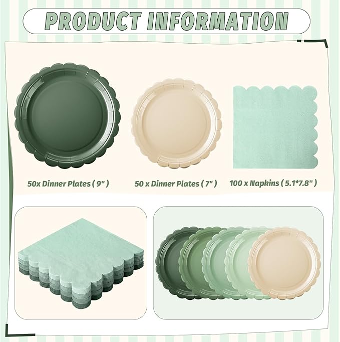 110pcs Sage Green Plates and Napkins Tableware Set Serve 25 Guests Includes Scalloped 9" 7" Paper Dessert Dinner Plate Green Series Napkins for Spring Birthday Wedding Baby Shower Tea Party