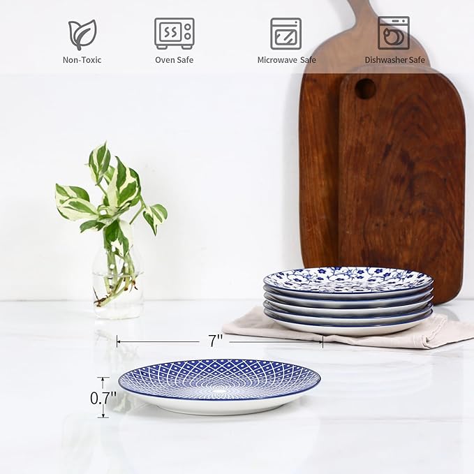 Selamica Ceramic Dessert Plates,7 Inch Small Plates, Appetizer Plates for Kitchen, Set of 6, Microwave Dishwasher Safe, Vintage Blue